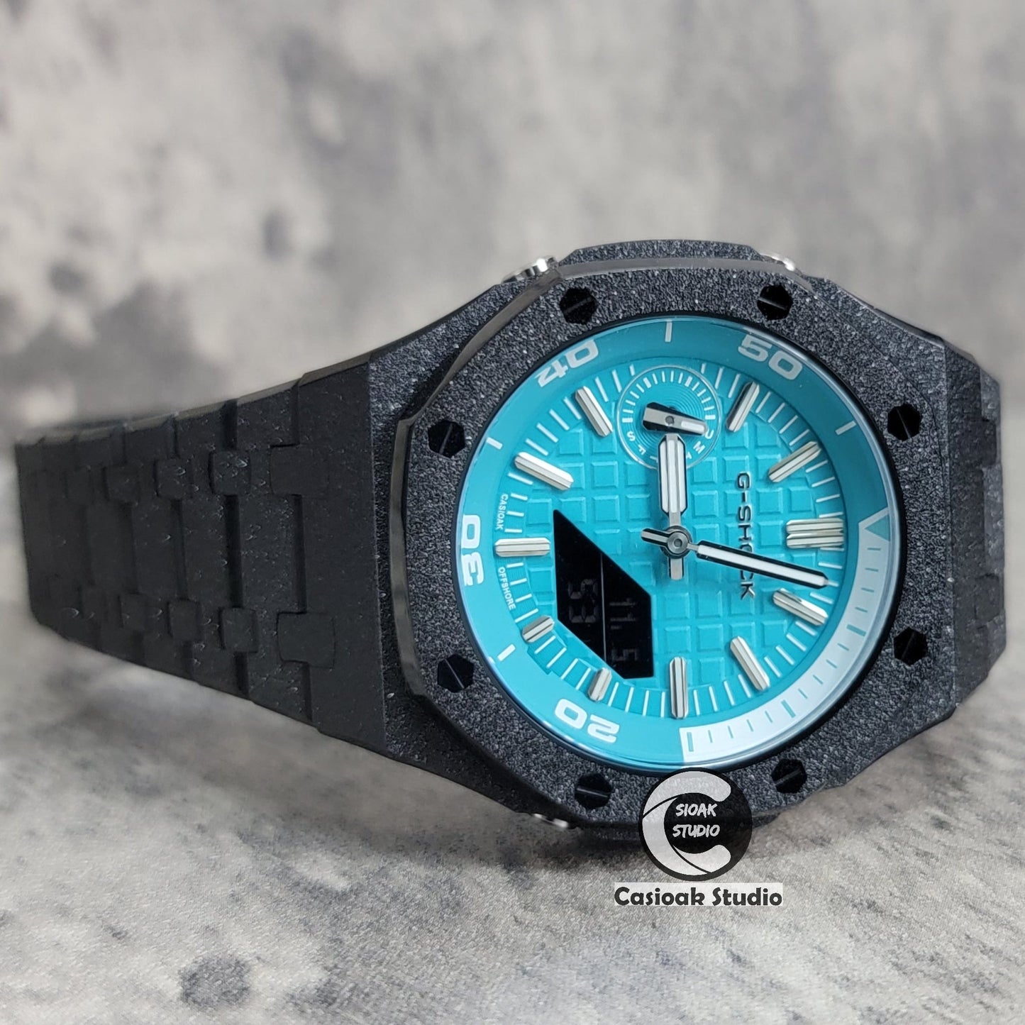 Casioak Mod Watch NEW Frosted Silver Case Metal Strap Tiff Silver Time Mark Tiff Blue Dial 44mm Sapphire Glass- Casioak Mod Casio G-Shock Royal Oak Custom Mens Luxury Watches Ga2100