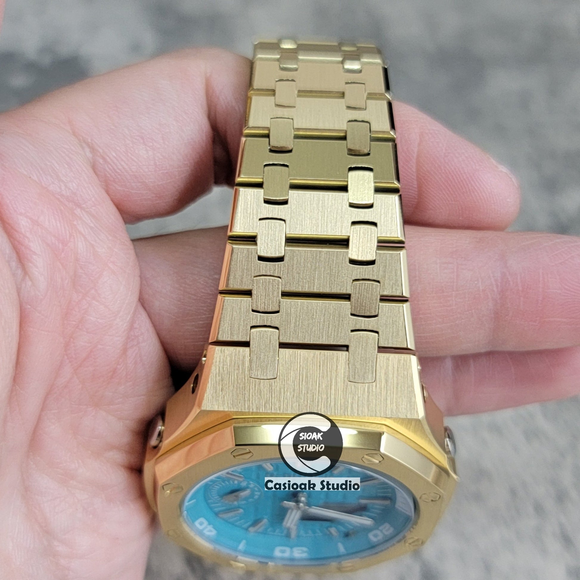 Casioak Mod Watch NEW Gold Case Metal Strap Tiff Silver Time Mark Tiff Blue Dial 44mm Sapphire Glass- Casioak Mod Casio G-Shock Royal Oak Custom Mens Luxury Watches Ga2100