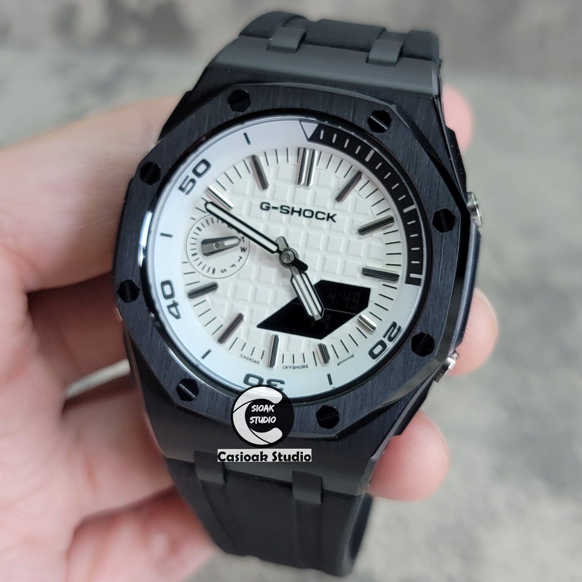 Casioak Mod Watch NEW Offshore Superior Black Case Black Rubber Strap White Time Mark White Dial 44mm Sapphire Glass- Casioak Mod Casio G-Shock Royal Oak Custom Mens Luxury Watches Ga2100