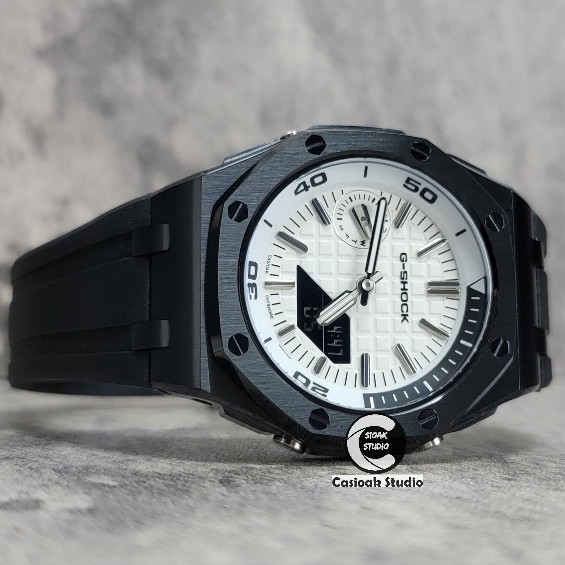 Casioak Mod Watch NEW Offshore Superior Black Case Black Rubber Strap White Time Mark White Dial 44mm Sapphire Glass- Casioak Mod Casio G-Shock Royal Oak Custom Mens Luxury Watches Ga2100