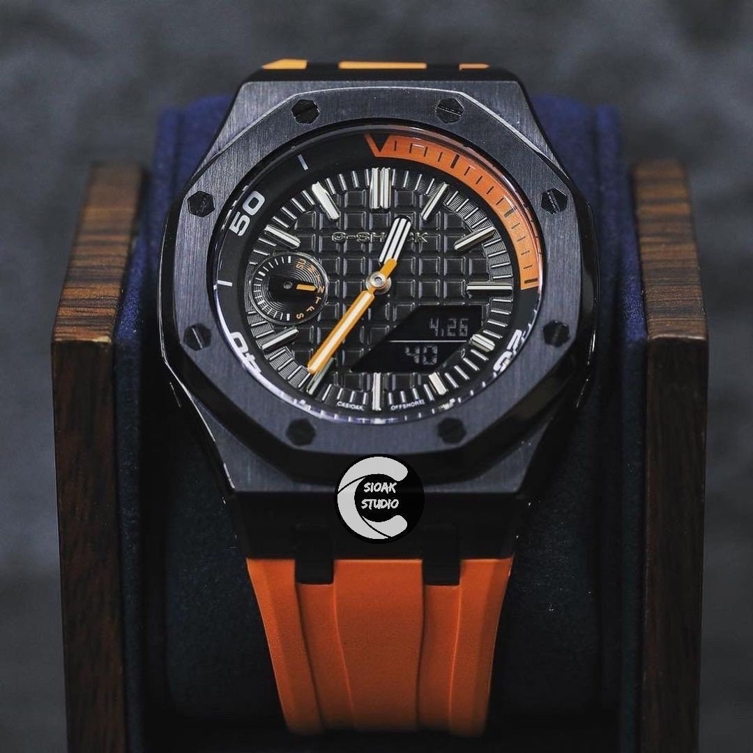 Casioak Mod Watch NEW Offshore Superior Black Case Orange Rubber Strap Orange Black Time Mark Black Dial 44mm Sapphire Glass- Casioak Mod Casio G-Shock Royal Oak Custom Mens Luxury Watches Ga2100