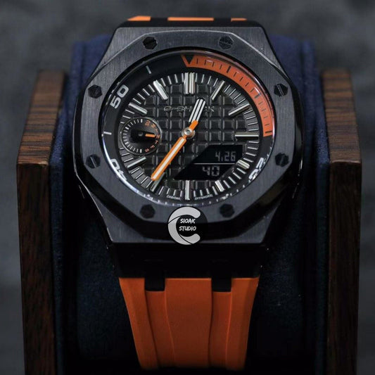 Casioak Mod Watch NEW Offshore Superior Black Case Orange Rubber Strap Orange Black Time Mark Black Dial 44mm Sapphire Glass- Casioak Mod Casio G-Shock Royal Oak Custom Mens Luxury Watches Ga2100