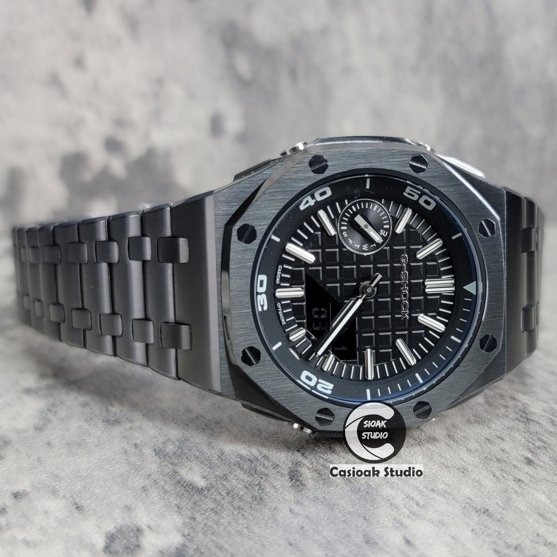 Casioak Mod Watch NEW Offshore Superior Gray Case Metal Strap Black Time Mark Black Dial 44mm Sapphire Crystal Sapphire Glass- Casioak Mod Casio G-Shock Royal Oak Custom Mens Luxury Watches Ga2100