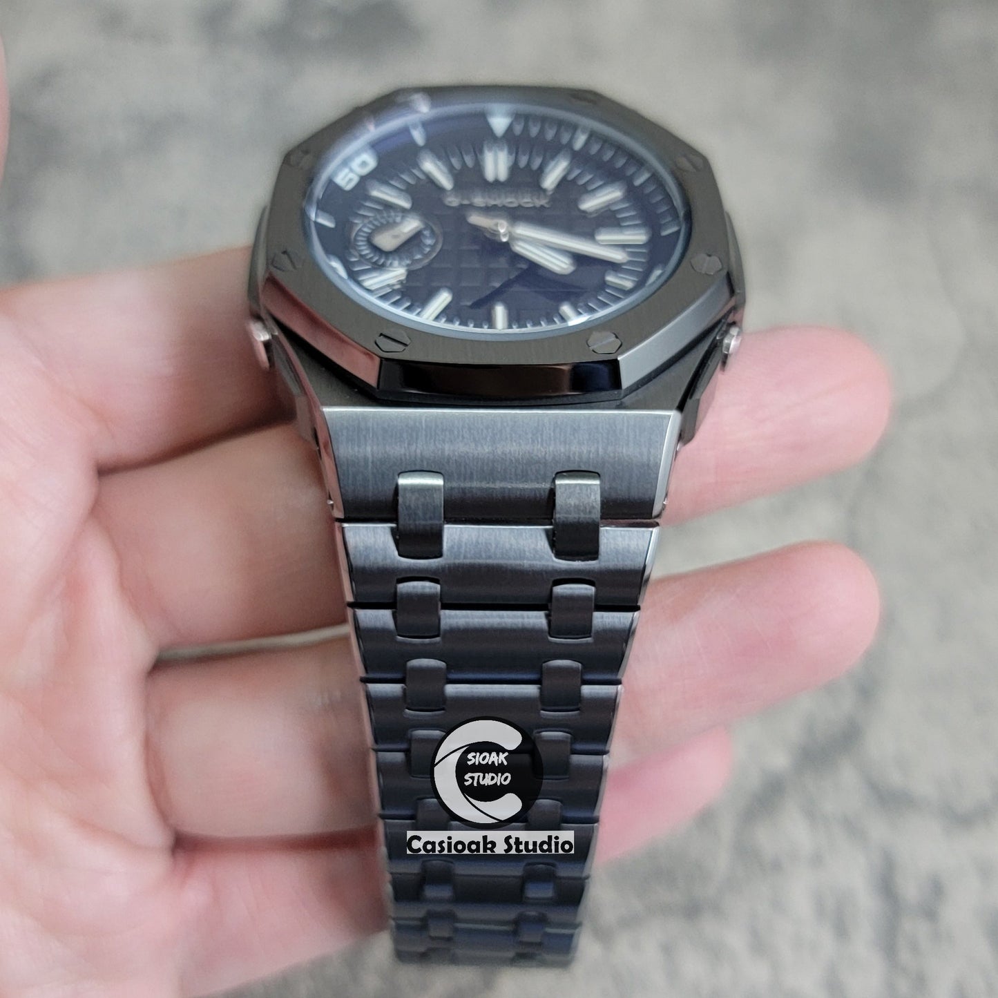 Casioak Mod Watch NEW Offshore Superior Gray Case Metal Strap Black Time Mark Black Dial 44mm Sapphire Crystal Sapphire Glass- Casioak Mod Casio G-Shock Royal Oak Custom Mens Luxury Watches Ga2100