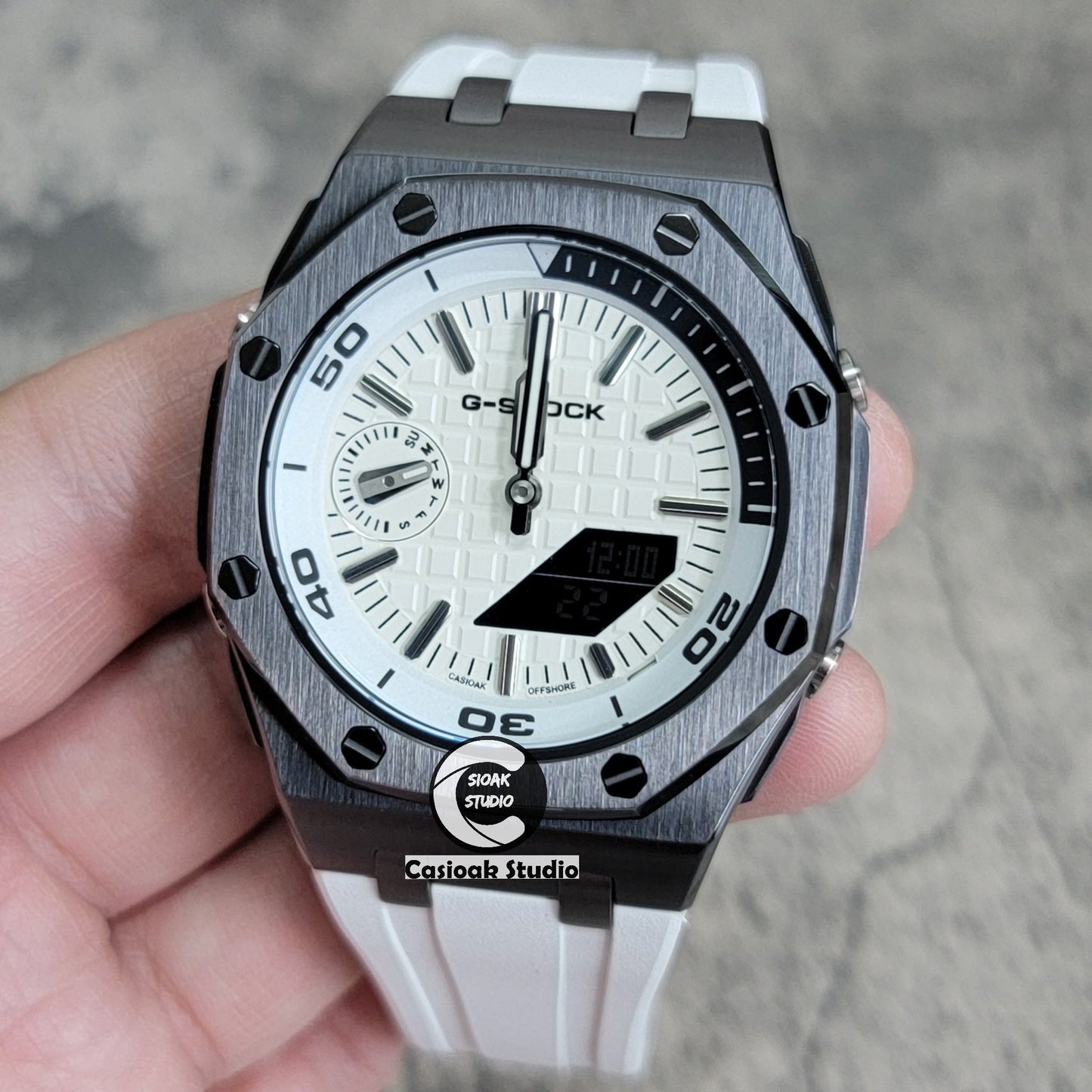 Casioak Mod Watch NEW Offshore Superior Gray Case White Rubber Strap White Time Mark White Dial 44mm- Casioak Mod Casio G-Shock Royal Oak Custom Mens Luxury Watches Ga2100