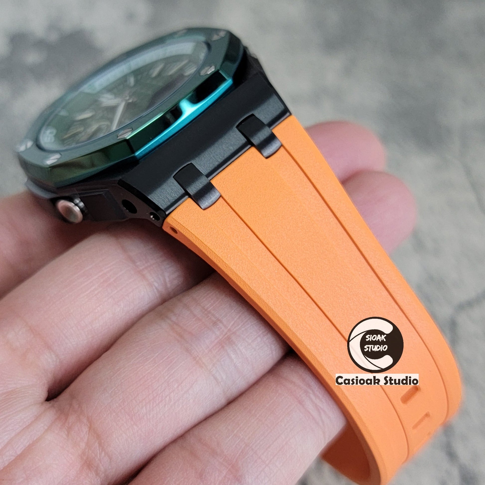 Casioak Mod Watch NEW Offshore Superior Green Black Case Orange Rubber Strap Green Time Mark Green Dial 44mm Sapphire Glass- Casioak Mod Casio G-Shock Royal Oak Custom Mens Luxury Watches Ga2100