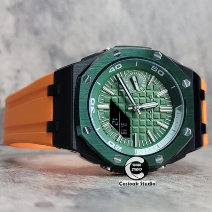 Casioak Mod Watch NEW Offshore Superior Green Black Case Orange Rubber Strap Green Time Mark Green Dial 44mm Sapphire Glass- Casioak Mod Casio G-Shock Royal Oak Custom Mens Luxury Watches Ga2100