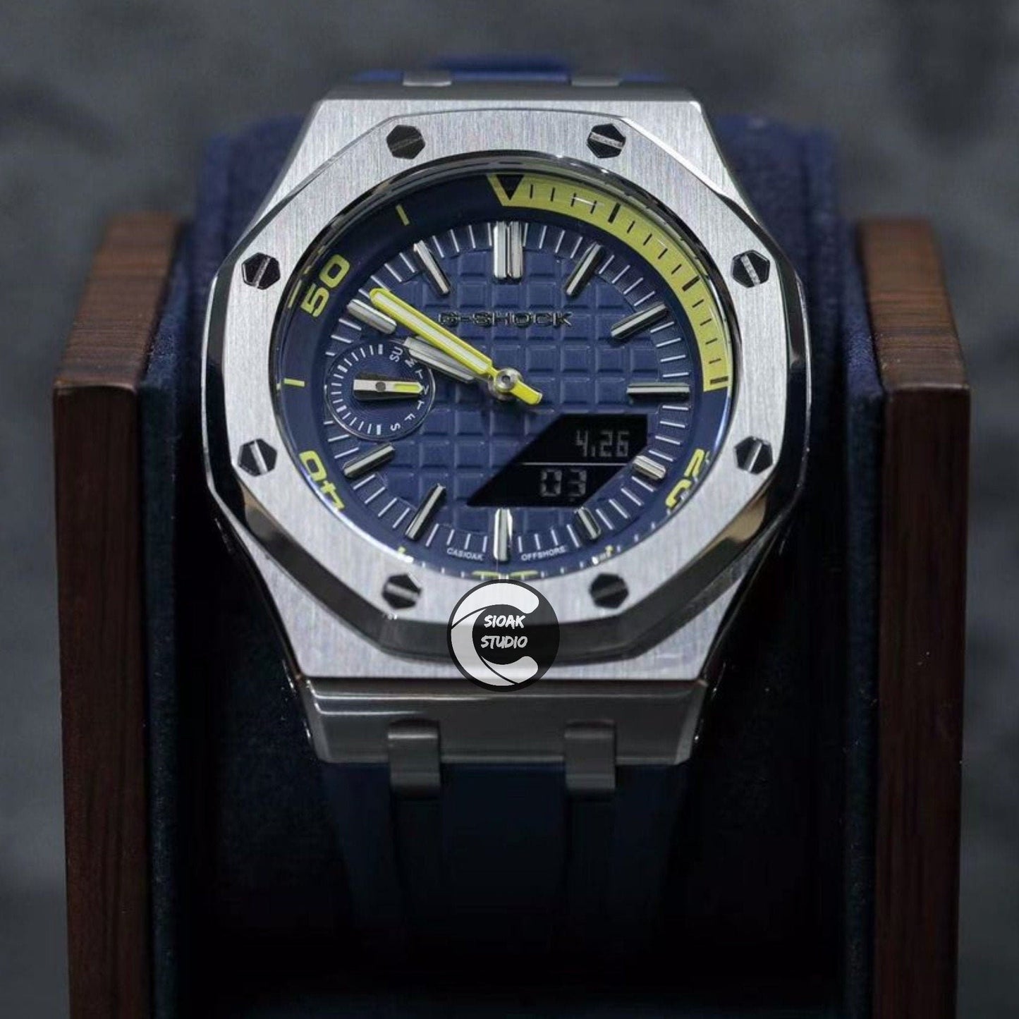 Casioak Mod Watch NEW Offshore Superior Silver Case Blue Rubber Strap Blue Time Mark Blue Dial 44mm Sapphire Glass- Casioak Mod Casio G-Shock Royal Oak Custom Mens Luxury Watches Ga2100