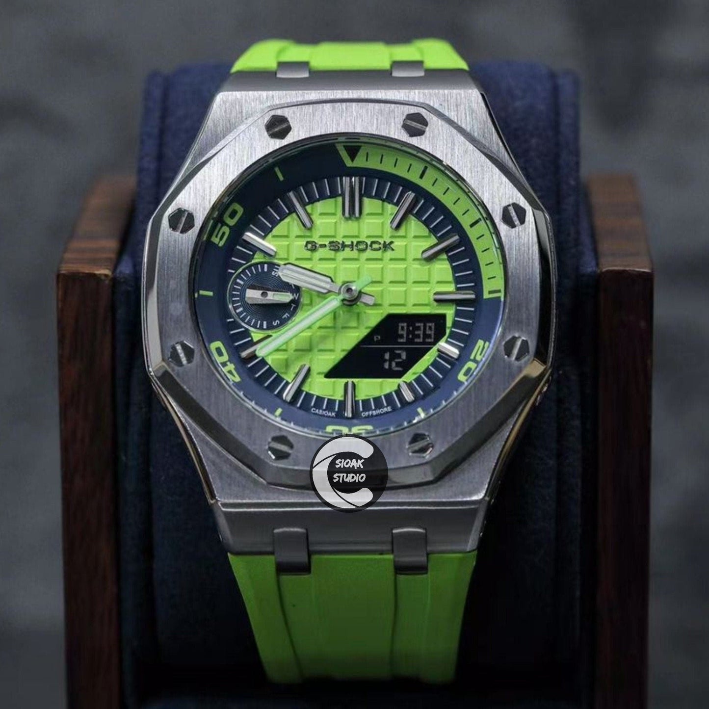 Casioak Mod Watch NEW Offshore Superior Silver Case Green Rubber Strap Blue Green Time Mark Green Dial 44mm Sapphire Glass- Casioak Mod Casio G-Shock Royal Oak Custom Mens Luxury Watches Ga2100