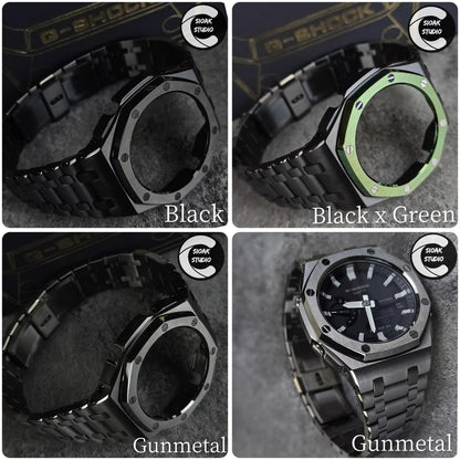 Casioak Mod Watch NEW Offshore Superior Silver Case Metal Strap Black Time Mark Black Dial 44mm Sapphire Crystal Sapphire Glass- Casioak Mod Casio G-Shock Royal Oak Custom Mens Luxury Watches Ga2100