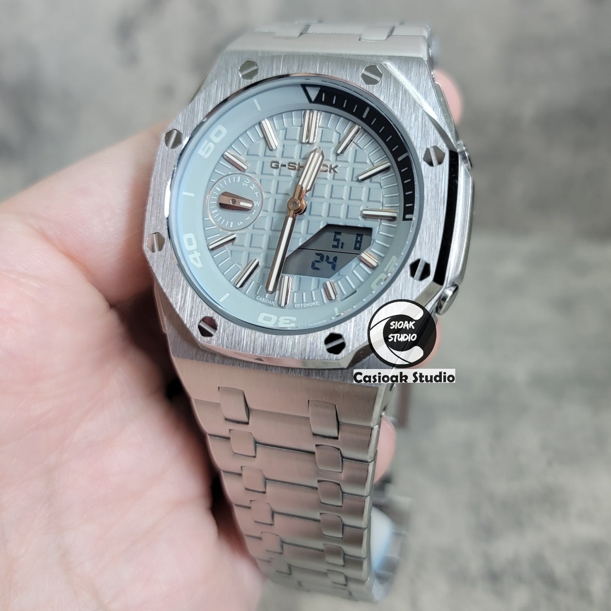 Casioak Mod Watch NEW Offshore Superior Silver Case Metal Strap Gray Rose Gold Time Mark Gray Waffle Dial 44mm Sapphire Crystal Sapphire Glass- Casioak Mod Casio G-Shock Royal Oak Custom Mens Luxury Watches Ga2100