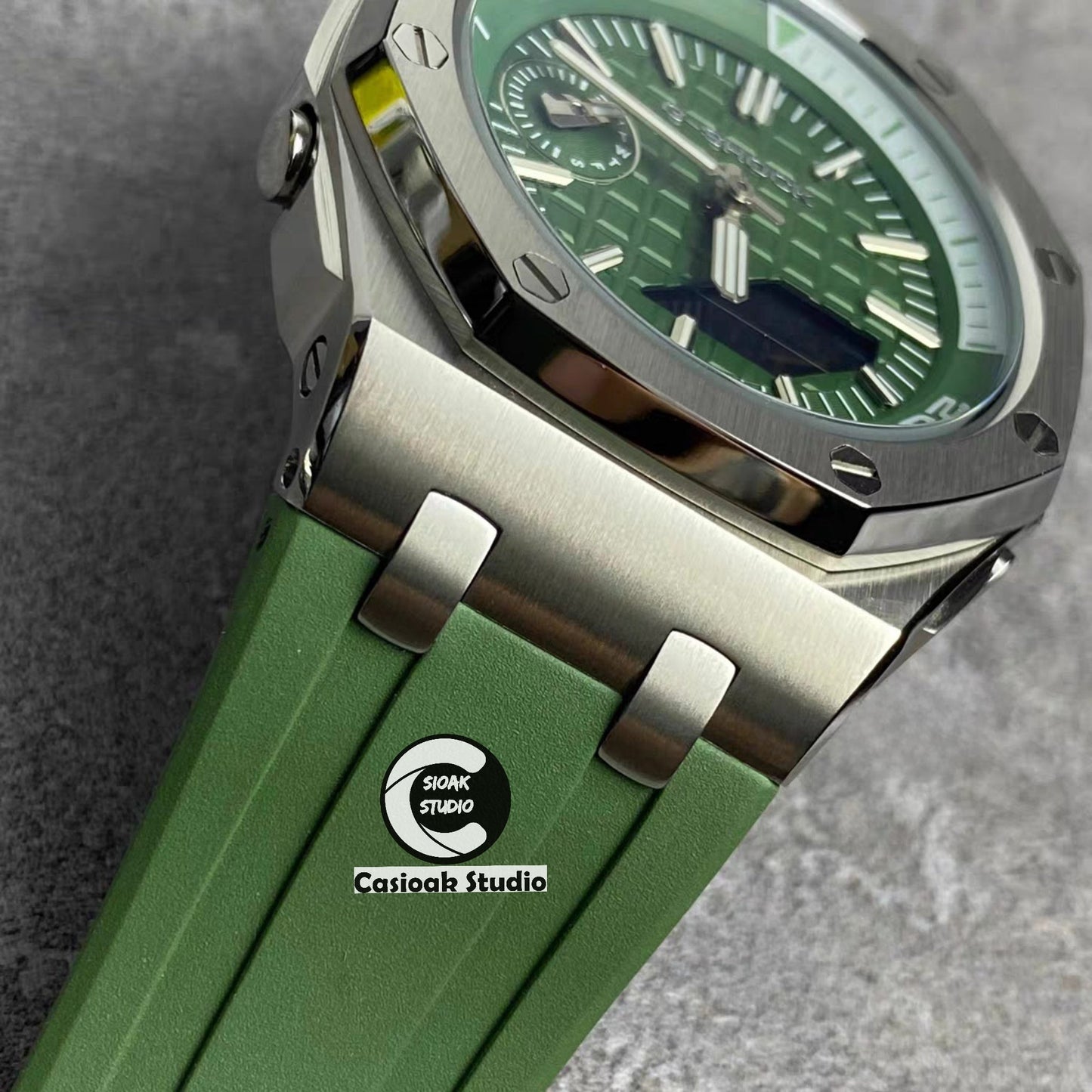 Casioak Mod Watch NEW Offshore Superior Silver Case Metal Strap Green Dial 44mm Sapphire Glass- Casioak Mod Casio G-Shock Royal Oak Custom Mens Luxury Watches Ga2100