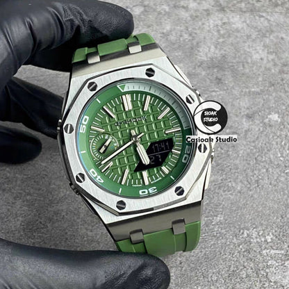 Casioak Mod Watch NEW Offshore Superior Silver Case Metal Strap Green Dial 44mm Sapphire Glass- Casioak Mod Casio G-Shock Royal Oak Custom Mens Luxury Watches Ga2100