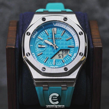 Casioak Mod Watch NEW Offshore Superior Silver Case Tiff Rubber Strap Tiff Time Mark Tiff Blue Dial 44mm Sapphire Glass- Casioak Mod Casio G-Shock Royal Oak Custom Mens Luxury Watches Ga2100