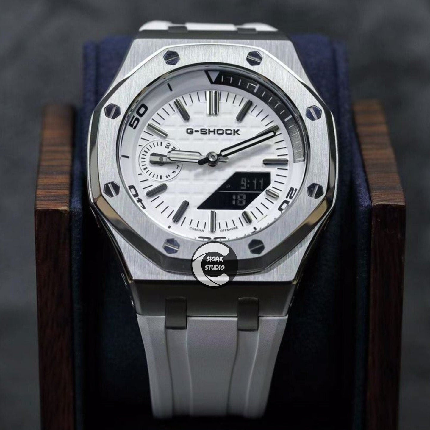 Casioak Mod Watch NEW Offshore Superior Silver Case White Rubber Strap white Time Mark White Dial 44mm Sapphire Glass- Casioak Mod Casio G-Shock Royal Oak Custom Mens Luxury Watches Ga2100