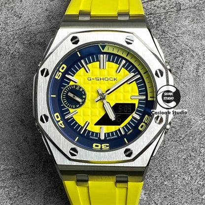 Casioak Mod Watch NEW Offshore Superior Silver Case Yellow Rubber Strap Blue Green Time Mark Yellow Dial 44mm Sapphire Glass- Casioak Mod Casio G-Shock Royal Oak Custom Mens Luxury Watches Ga2100