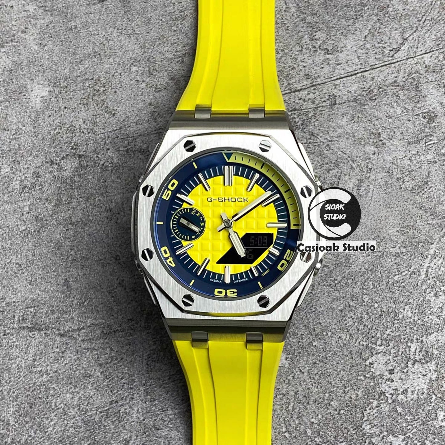 Casioak Mod Watch NEW Offshore Superior Silver Case Yellow Rubber Strap Blue Green Time Mark Yellow Dial 44mm Sapphire Glass- Casioak Mod Casio G-Shock Royal Oak Custom Mens Luxury Watches Ga2100