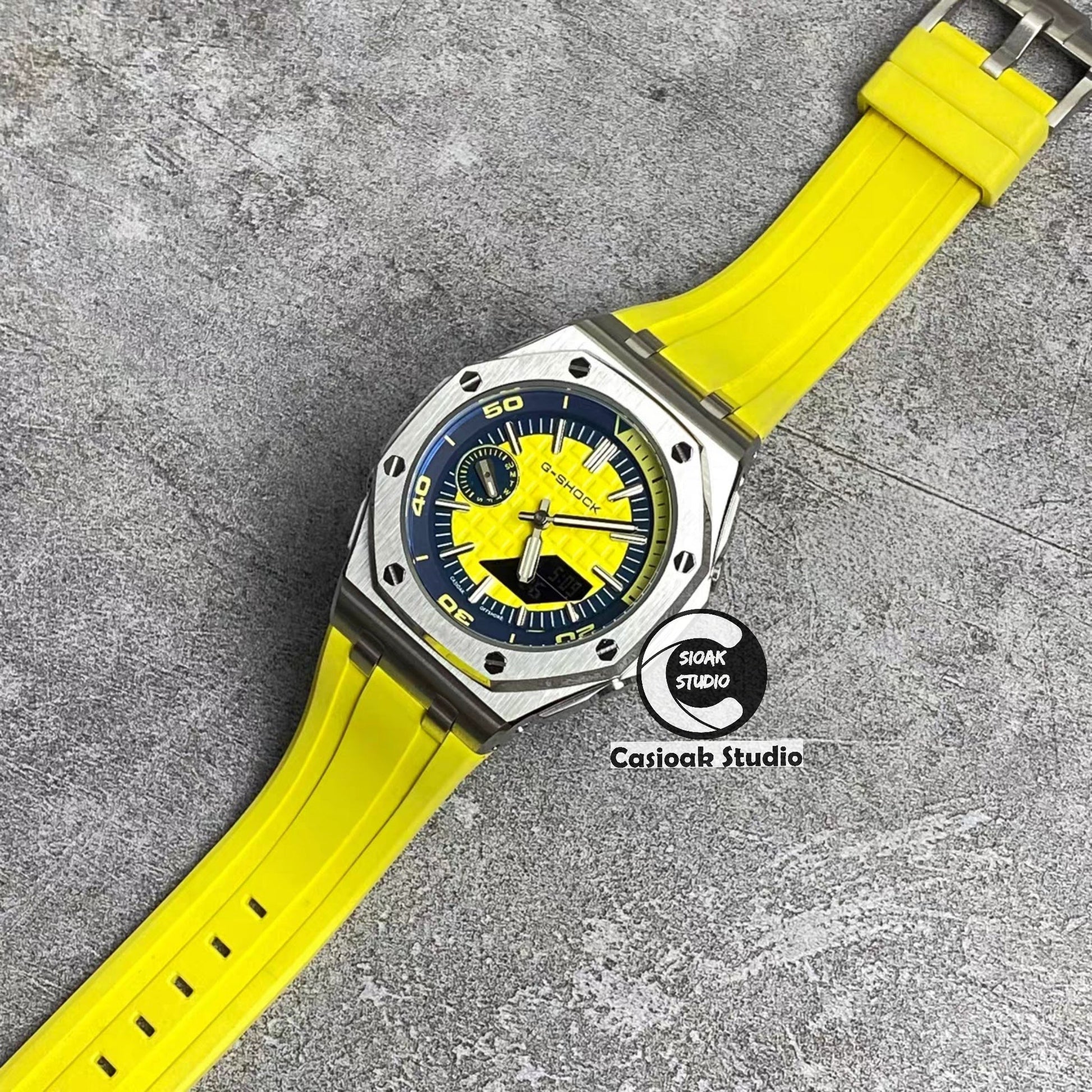 Casioak Mod Watch NEW Offshore Superior Silver Case Yellow Rubber Strap Blue Green Time Mark Yellow Dial 44mm Sapphire Glass- Casioak Mod Casio G-Shock Royal Oak Custom Mens Luxury Watches Ga2100