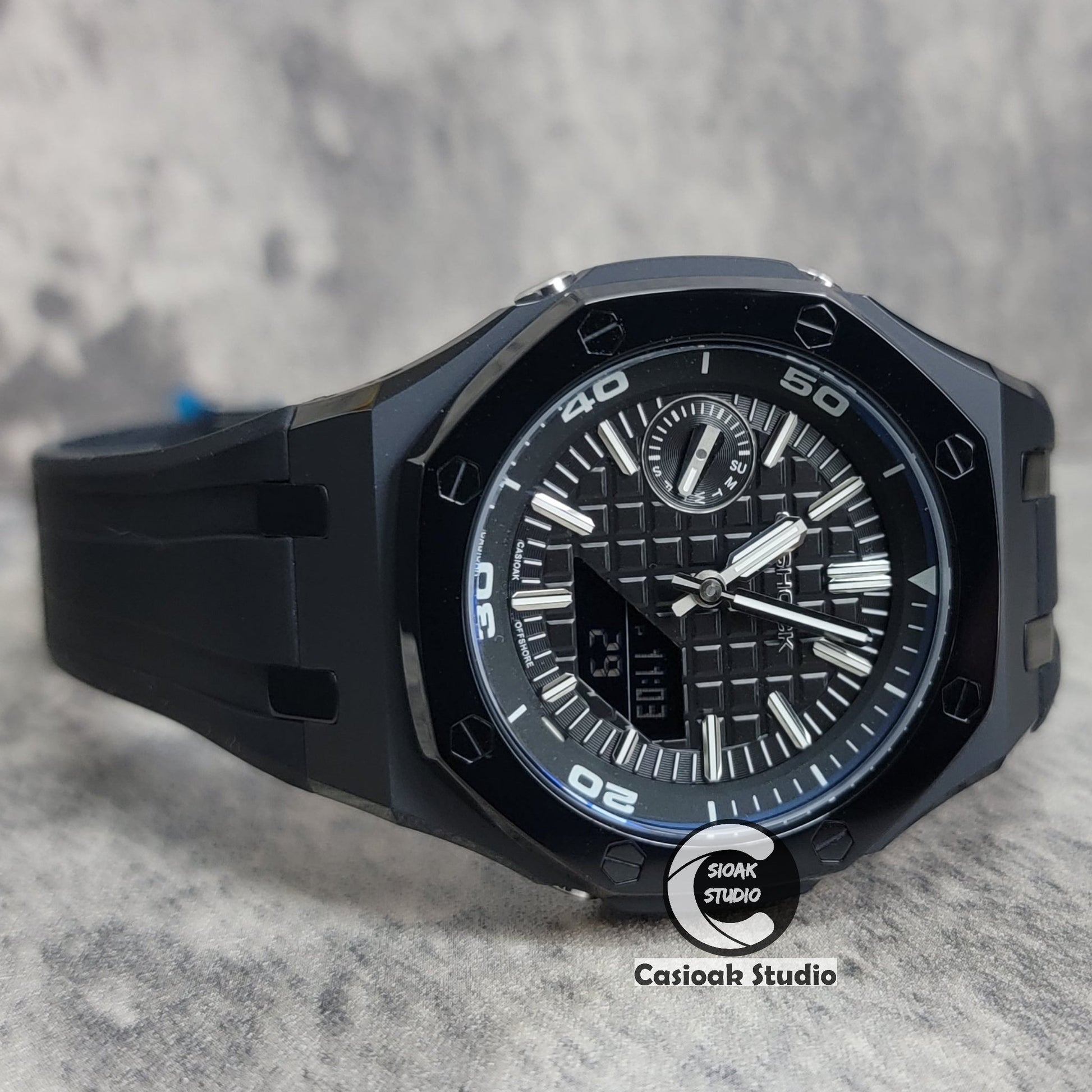 Casioak Mod Watch NEW Polished Black Case Black Strap Silver Time Mark Black Dial 44mm Sapphire Glass- Casioak Mod Casio G-Shock Royal Oak Custom Mens Luxury Watches Ga2100