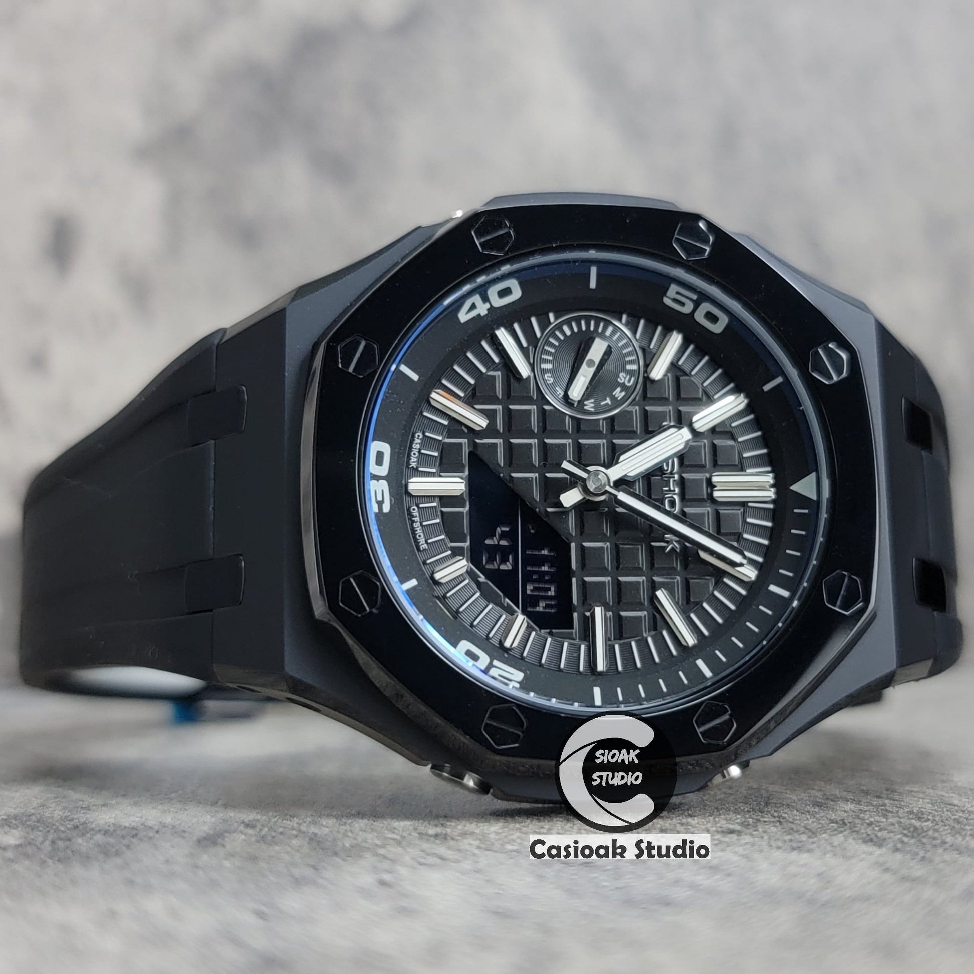 Casioak Mod Watch NEW Polished Black Case Black Strap Silver Time Mark Black Dial 44mm Sapphire Glass- Casioak Mod Casio G-Shock Royal Oak Custom Mens Luxury Watches Ga2100