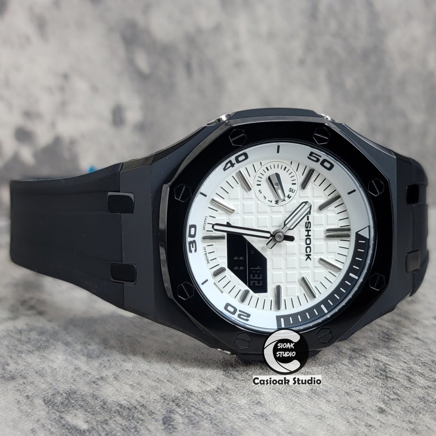 Casioak Mod Watch NEW Polished Black Case Black Strap Silver Time Mark White Dial 44mm Sapphire Glass- Casioak Mod Casio G-Shock Royal Oak Custom Mens Luxury Watches Ga2100