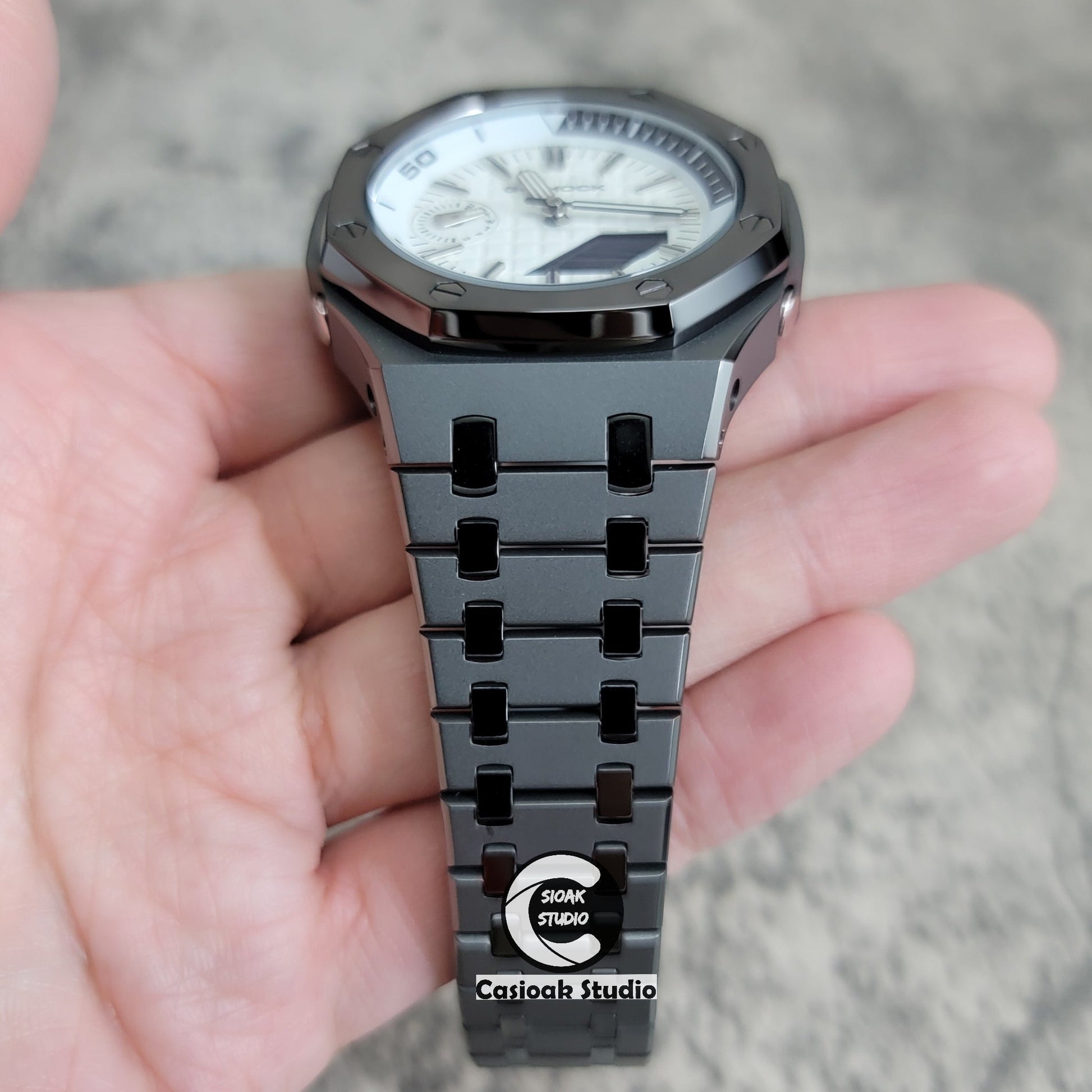 Casioak Mod Watch NEW Polished Gray Case Metal Strap Silver Time Mark White Dial 44mm Sapphire Glass- Casioak Mod Casio G-Shock Royal Oak Custom Mens Luxury Watches Ga2100