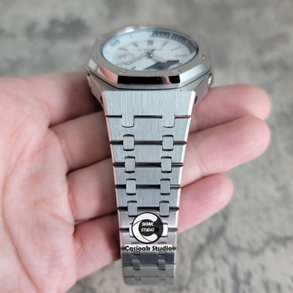 Casioak Mod Watch NEW Silver Case Metal Strap Silver Time Mark White Dial 44mm Sapphire Glass- Casioak Mod Casio G-Shock Royal Oak Custom Mens Luxury Watches Ga2100