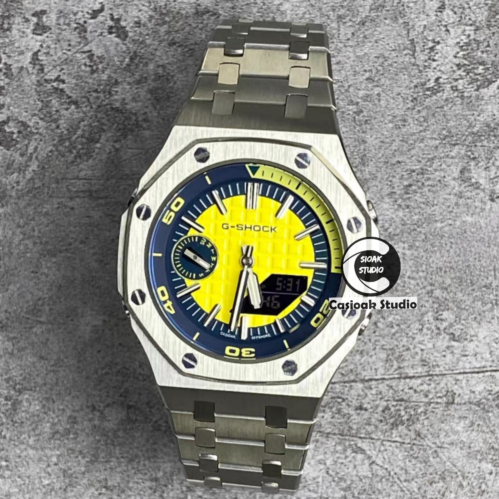 Casioak Mod Watch NEW Silver Case Metal Strap Silver Time Mark Yellow Dial 44mm Sapphire Glass- Casioak Mod Casio G-Shock Royal Oak Custom Mens Luxury Watches Ga2100