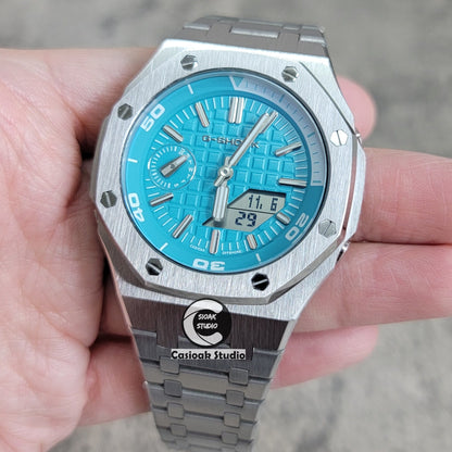 Casioak Mod Watch NEW Silver Case Metal Strap Tiff Silver Time Mark Tiff Blue Dial 44mm Sapphire Glass- Casioak Mod Casio G-Shock Royal Oak Custom Mens Luxury Watches Ga2100