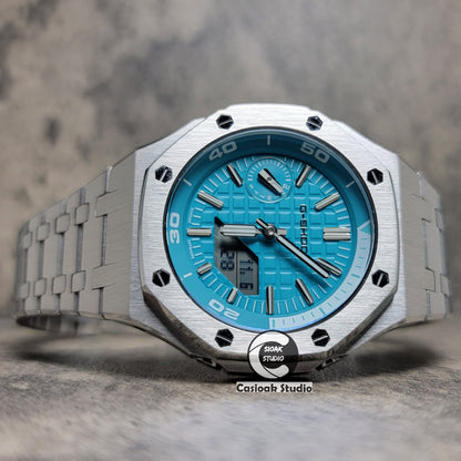 Casioak Mod Watch NEW Silver Case Metal Strap Tiff Silver Time Mark Tiff Blue Dial 44mm Sapphire Glass- Casioak Mod Casio G-Shock Royal Oak Custom Mens Luxury Watches Ga2100