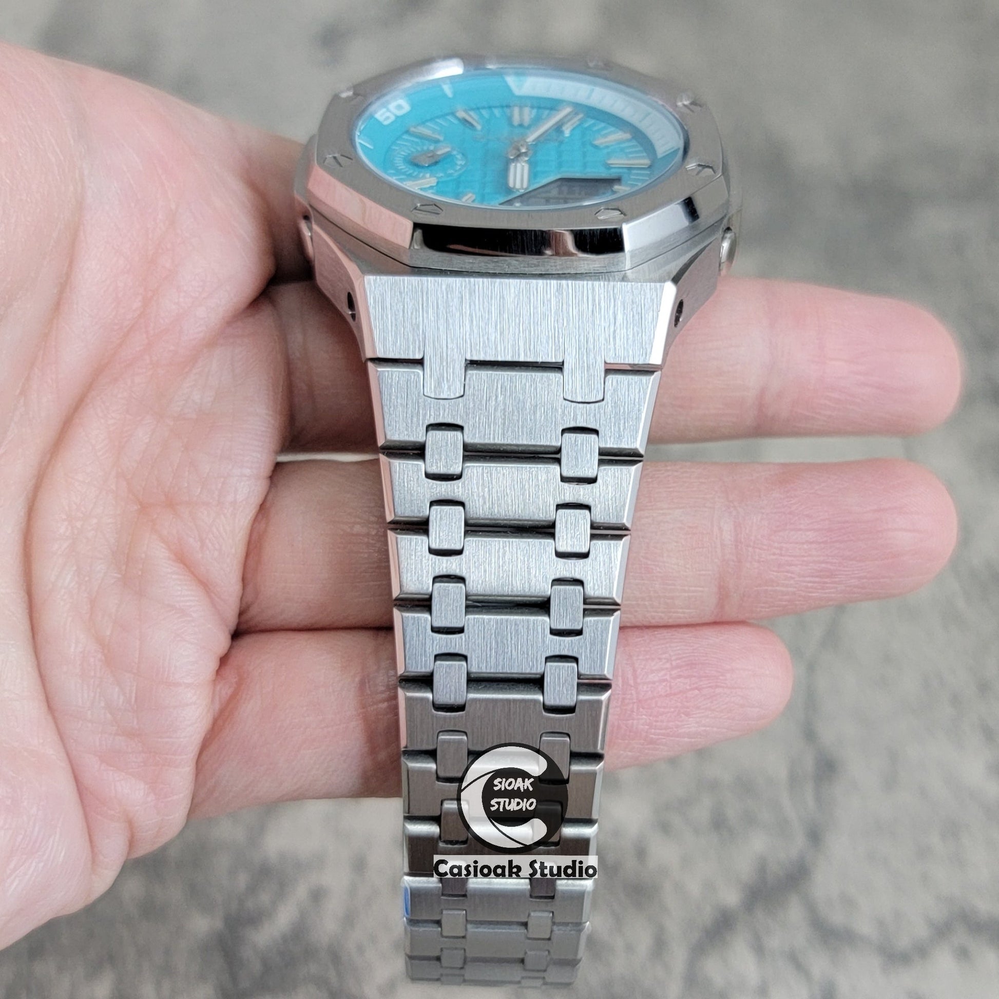 Casioak Mod Watch NEW Silver Case Metal Strap Tiff Silver Time Mark Tiff Blue Dial 44mm Sapphire Glass- Casioak Mod Casio G-Shock Royal Oak Custom Mens Luxury Watches Ga2100