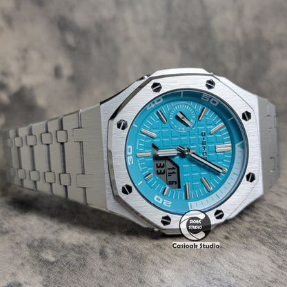 Casioak Mod Watch NEW Silver Case Metal Strap Tiff Silver Time Mark Tiff Blue Dial 44mm Sapphire Glass- Casioak Mod Casio G-Shock Royal Oak Custom Mens Luxury Watches Ga2100