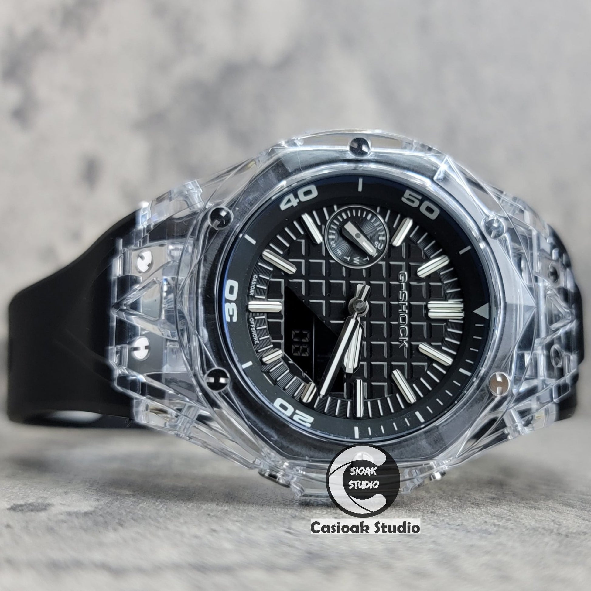 Casioak Mod Watch NEW Transparent Case Black Strap Silver Time Mark Black Dial 44mm- Casioak Mod Casio G-Shock Royal Oak Custom Mens Luxury Watches Ga2100