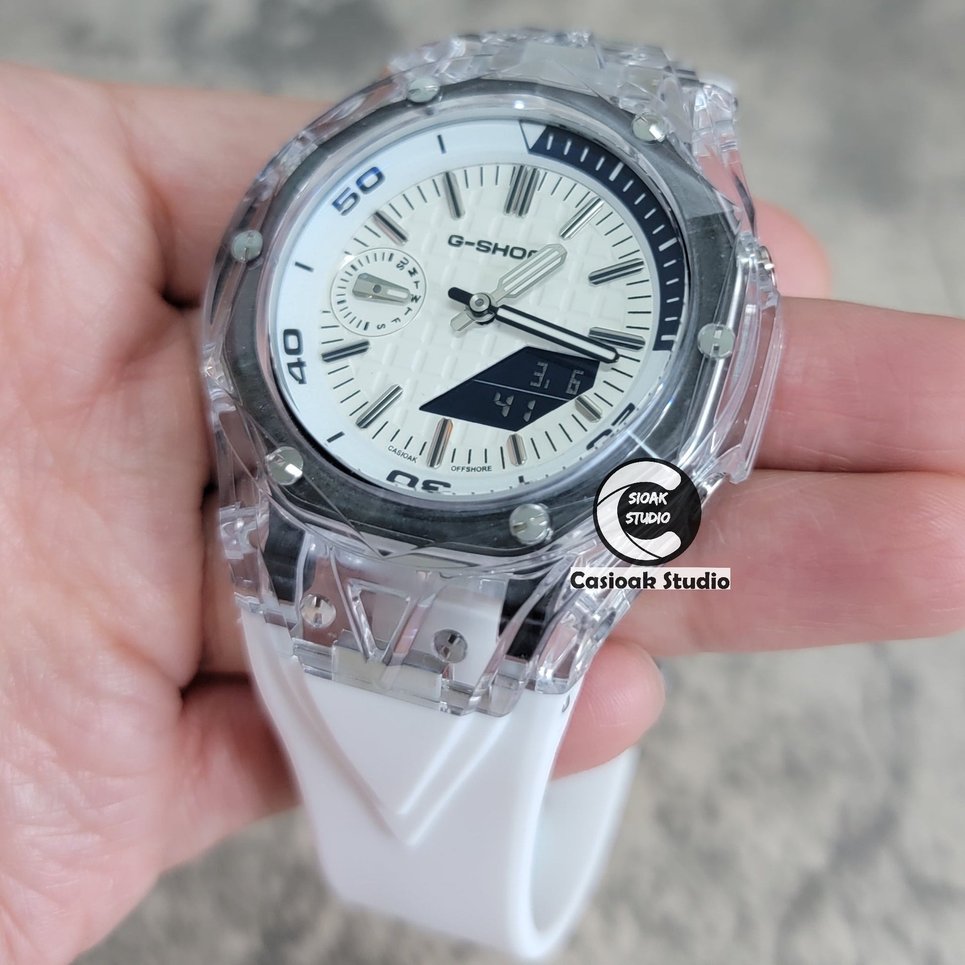 Casioak Mod Watch NEW Transparent Case White Strap Silver Time Mark White Dial 44mm- Casioak Mod Casio G-Shock Royal Oak Custom Mens Luxury Watches Ga2100