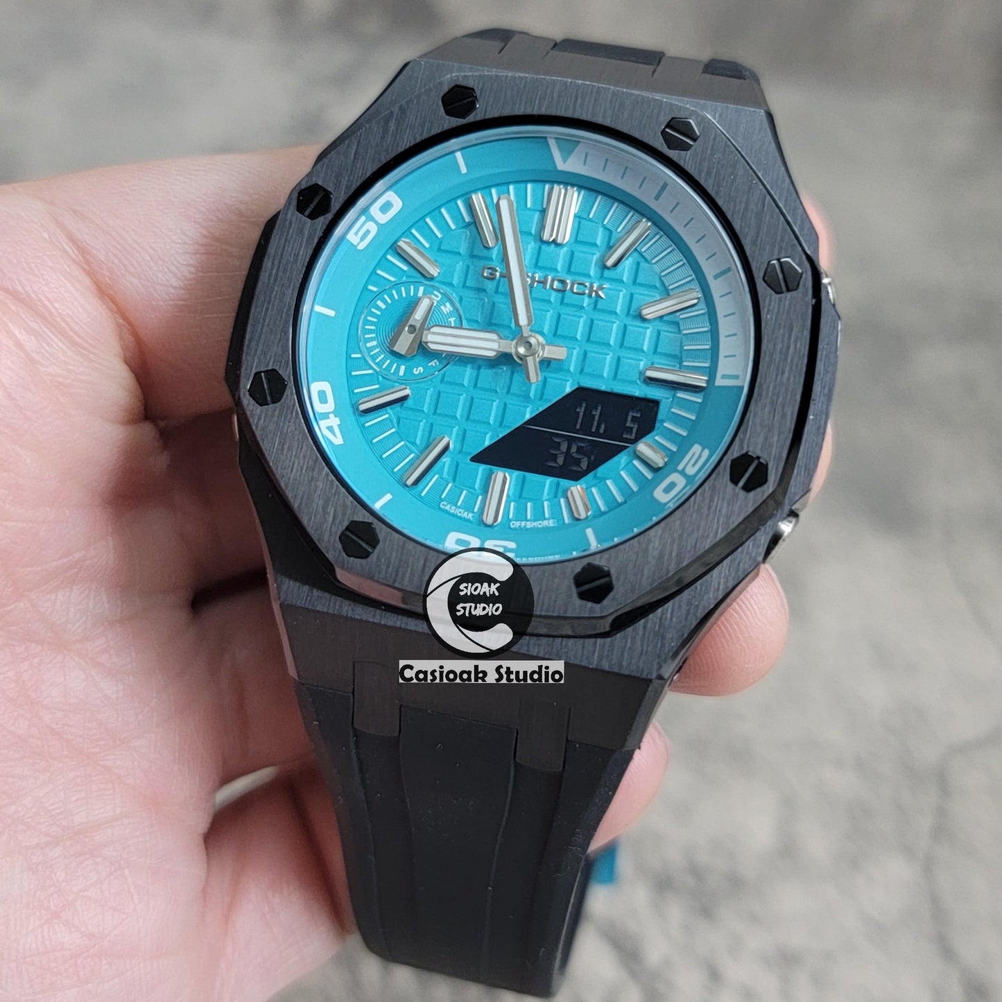 Casioak Mod Watch New Black Case Black Rubber Strap Silver Time Mark Tiff Blue Dial 44mm Sapphire Glass- Casioak Mod Casio G-Shock Royal Oak Custom Mens Luxury Watches Ga2100