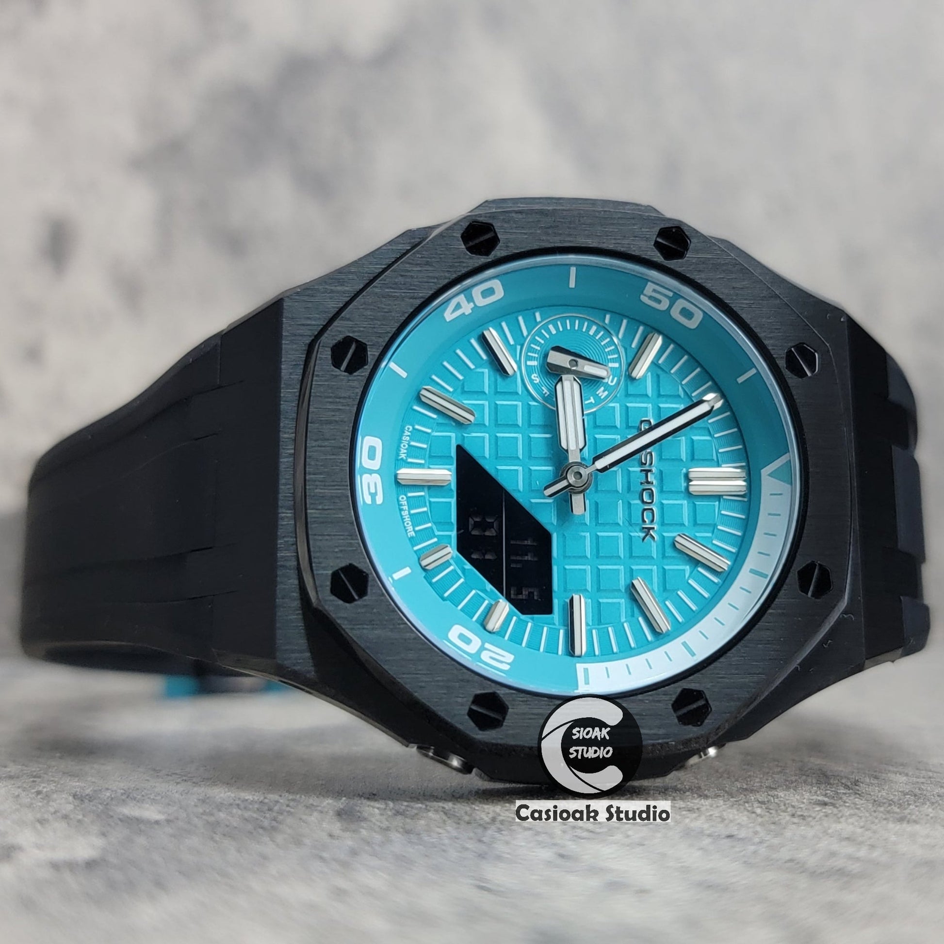 Casioak Mod Watch New Black Case Black Rubber Strap Silver Time Mark Tiff Blue Dial 44mm Sapphire Glass- Casioak Mod Casio G-Shock Royal Oak Custom Mens Luxury Watches Ga2100