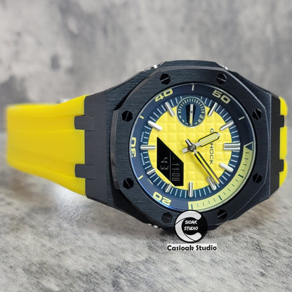 Casioak Mod Watch New Black Case Yellow Rubber Strap Blue Yellow Time Mark Yellow Waffle Dial 44mm Sapphire Glass- Casioak Mod Casio G-Shock Royal Oak Custom Mens Luxury Watches Ga2100