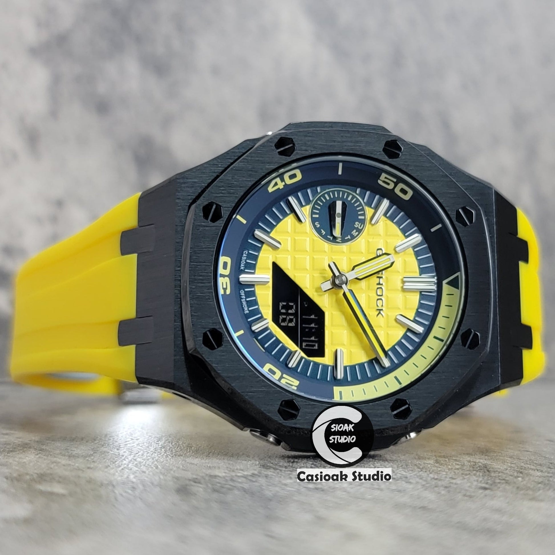 Casioak Mod Watch New Black Case Yellow Rubber Strap Blue Yellow Time Mark Yellow Waffle Dial 44mm Sapphire Glass- Casioak Mod Casio G-Shock Royal Oak Custom Mens Luxury Watches Ga2100