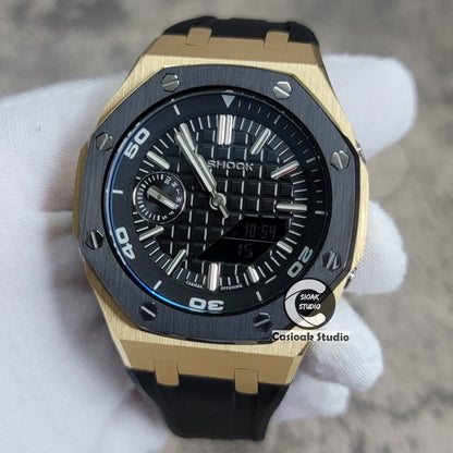 Casioak Mod Watch New Black Gold Case Black Rubber Strap Black Time Mark Black Dial 44mm Blue Sapphire Glass- Casioak Mod Casio G-Shock Royal Oak Custom Mens Luxury Watches Ga2100