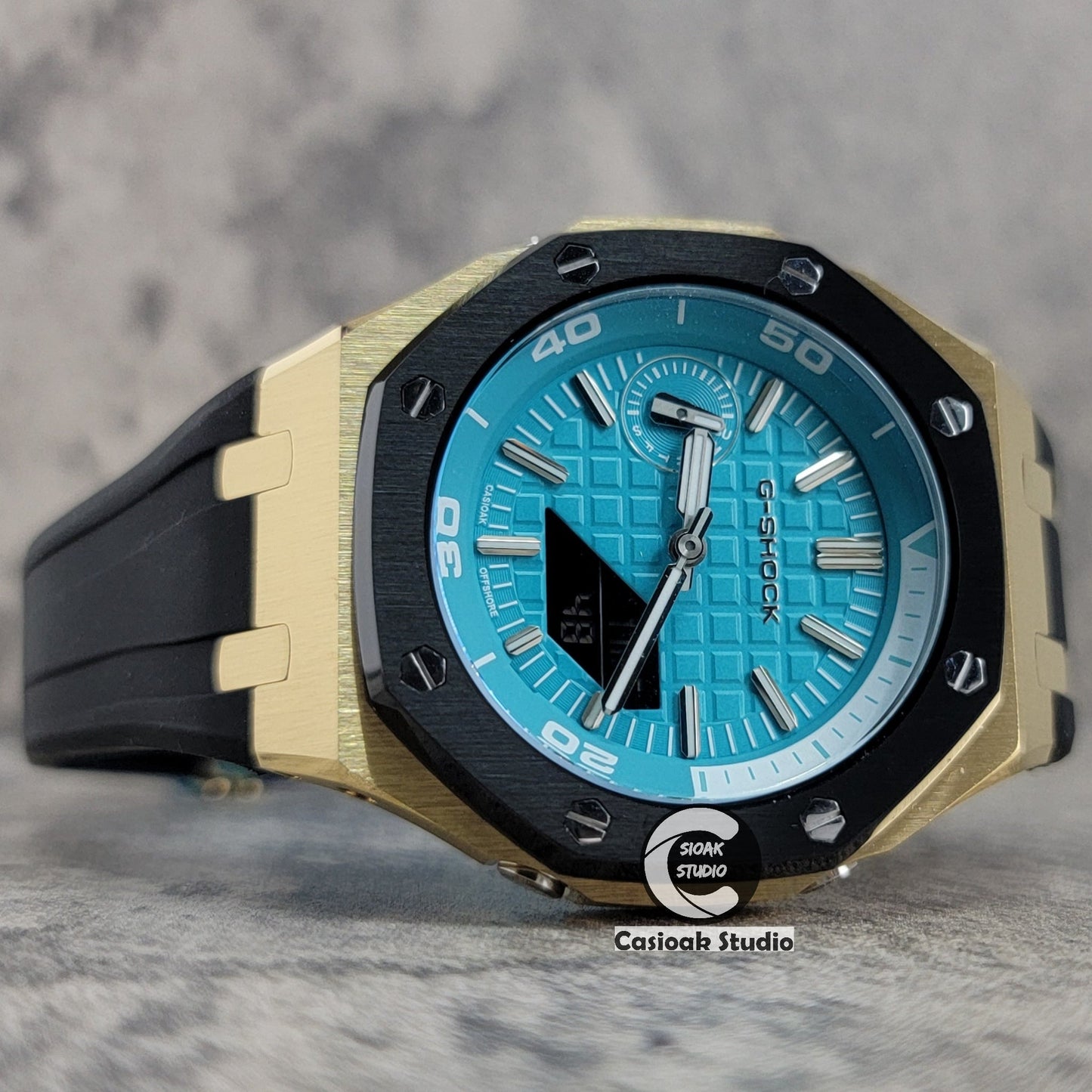 Casioak Mod Watch New Gold Black Case Black Rubber Strap Silver Time Mark Tiff Blue Dial 44mm Sapphire Glass- Casioak Mod Casio G-Shock Royal Oak Custom Mens Luxury Watches Ga2100