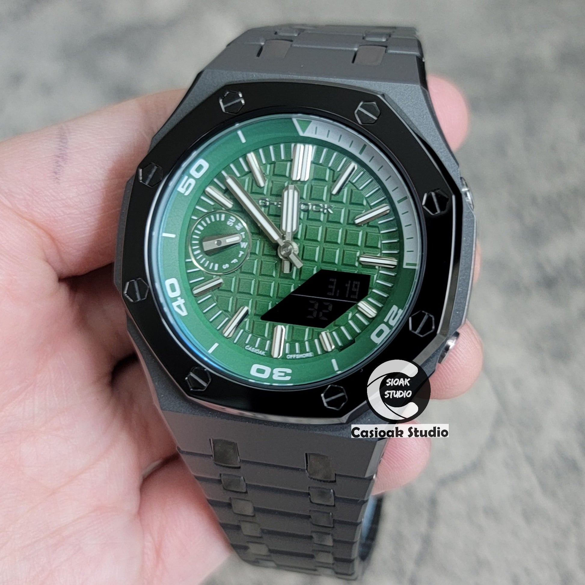 Casioak Mod Watch New Polished Gray Case Metal Strap Green Time Mark Green Dial 44mm Sapphire Glass- Casioak Mod Casio G-Shock Royal Oak Custom Mens Luxury Watches Ga2100