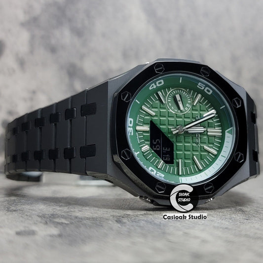 Casioak Mod Watch New Polished Gray Case Metal Strap Green Time Mark Green Dial 44mm Sapphire Glass- Casioak Mod Casio G-Shock Royal Oak Custom Mens Luxury Watches Ga2100