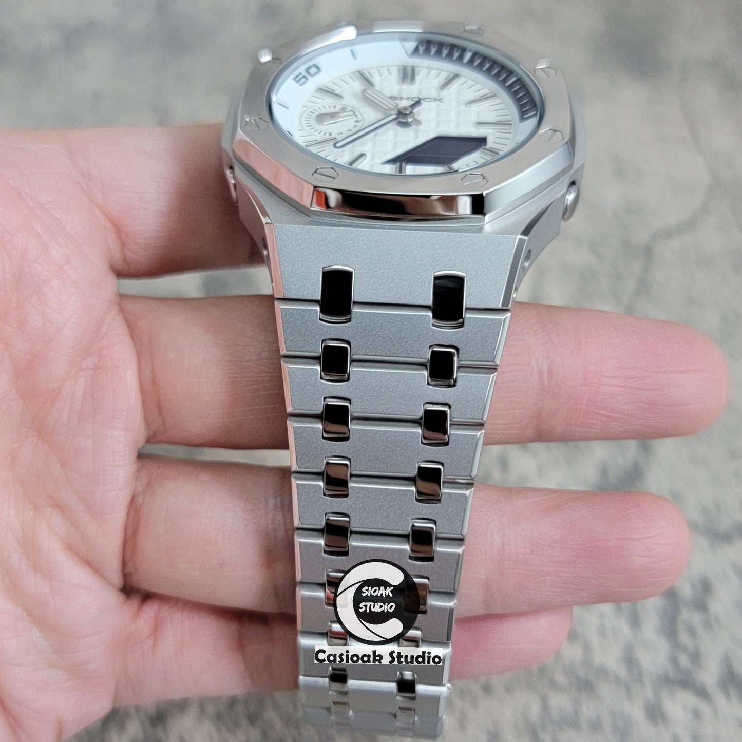 Casioak Mod Watch New Polished Silver Case Metal Strap Silver Time Mark White Dial 44mm Sapphire Glass- Casioak Mod Casio G-Shock Royal Oak Custom Mens Luxury Watches Ga2100