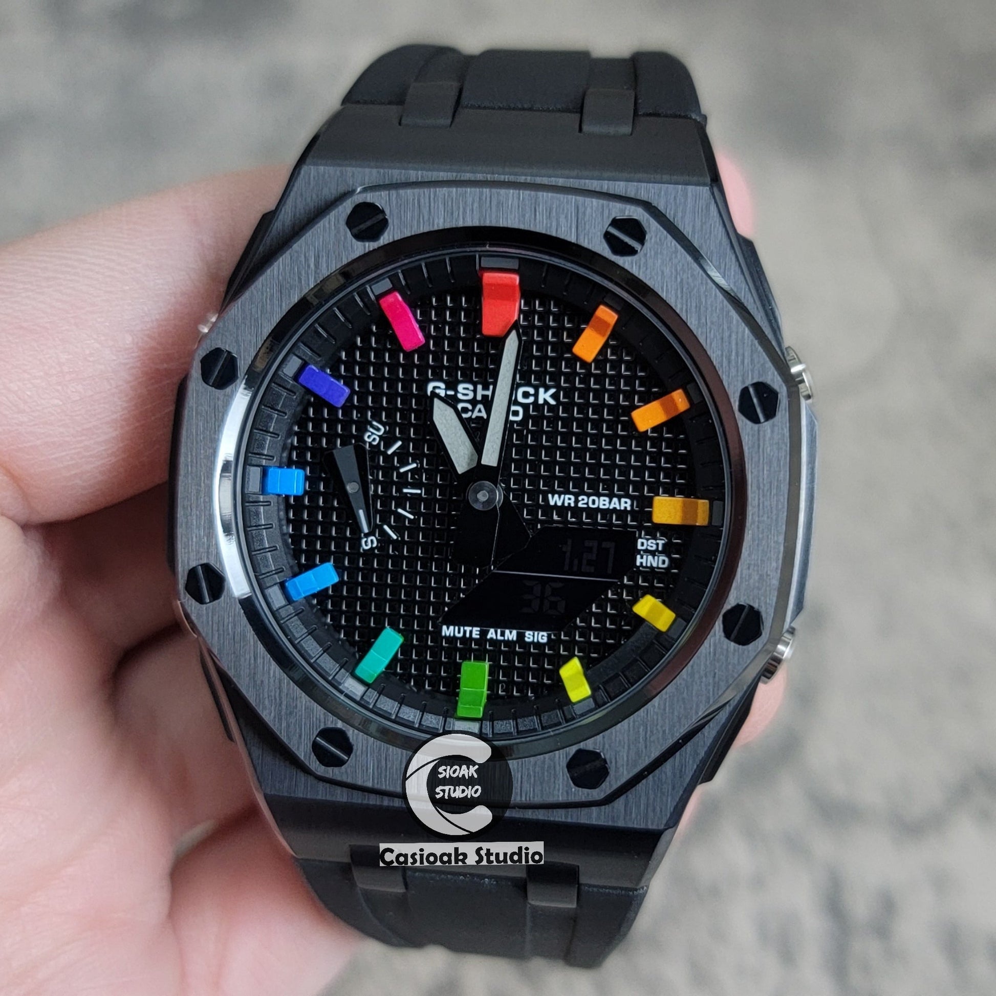 Casioak Mod Watch Offshore Superior Black Case Black Rubber Rubber Strap Black Rainbow Time Mark Black Waffle Dial 44mm- Casioak Mod Casio G-Shock Royal Oak Custom Mens Luxury Watches Ga2100