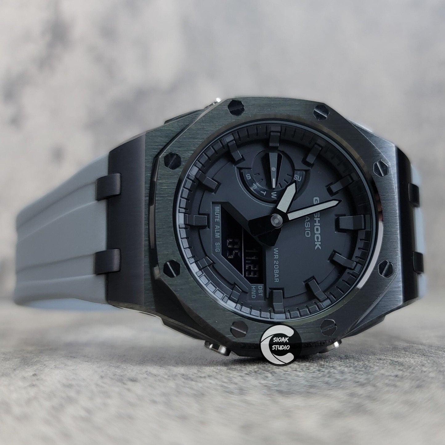 Casioak Mod Watch Offshore Superior Black Case Black Rubber Rubber Strap Black Time Mark Black Dial 44mm- Casioak Mod Casio G-Shock Royal Oak Custom Mens Luxury Watches Ga2100