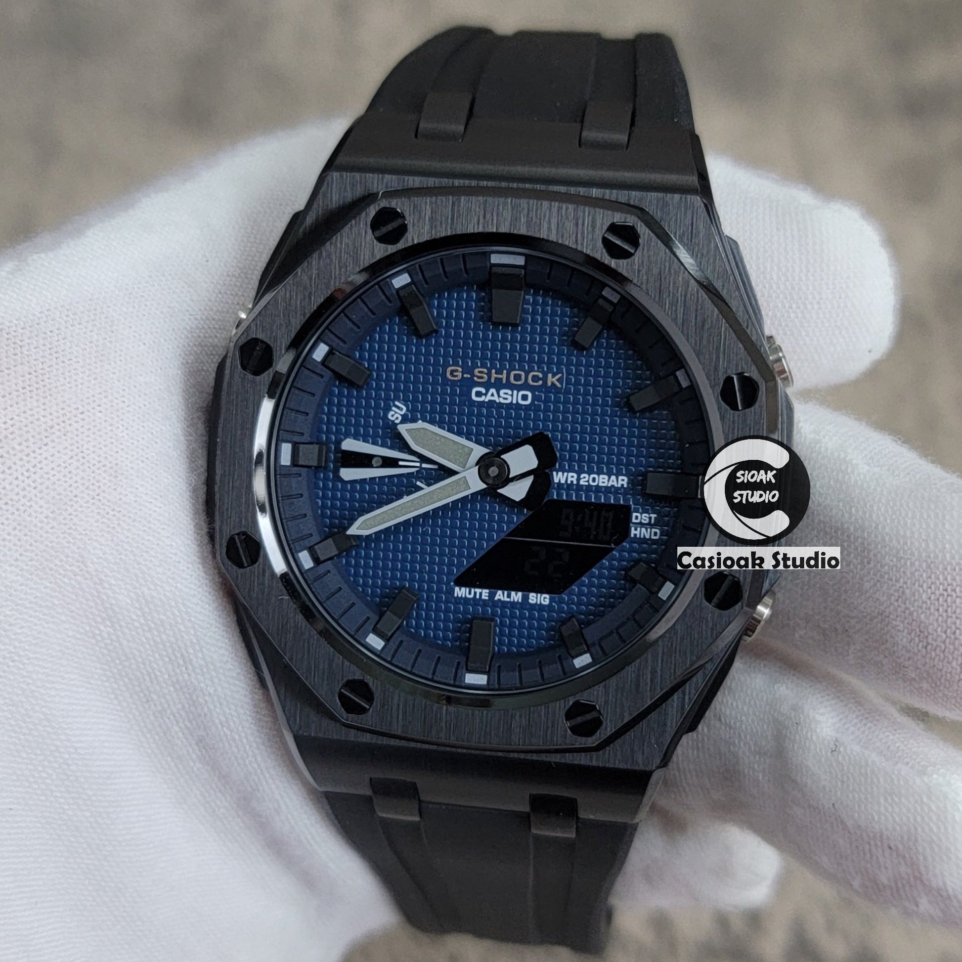 Casioak Mod Watch Offshore Superior Black Case Black Rubber Rubber Strap Blue Black Time Mark Blue Waffle Dial 44mm- Casioak Mod Casio G-Shock Royal Oak Custom Mens Luxury Watches Ga2100