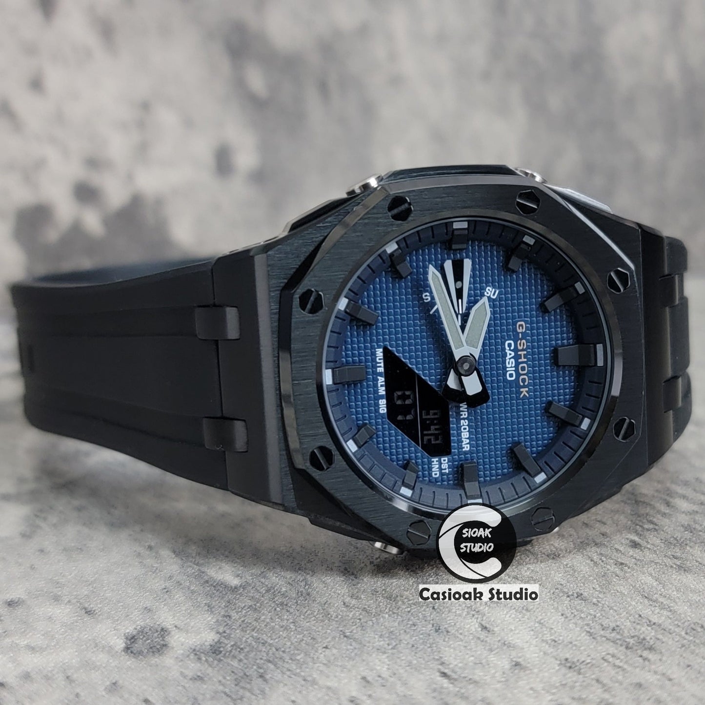 Casioak Mod Watch Offshore Superior Black Case Black Rubber Rubber Strap Blue Black Time Mark Blue Waffle Dial 44mm- Casioak Mod Casio G-Shock Royal Oak Custom Mens Luxury Watches Ga2100