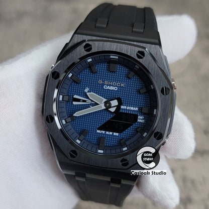 Casioak Mod Watch Offshore Superior Black Case Black Rubber Rubber Strap Blue Black Time Mark Blue Waffle Dial 44mm- Casioak Mod Casio G-Shock Royal Oak Custom Mens Luxury Watches Ga2100