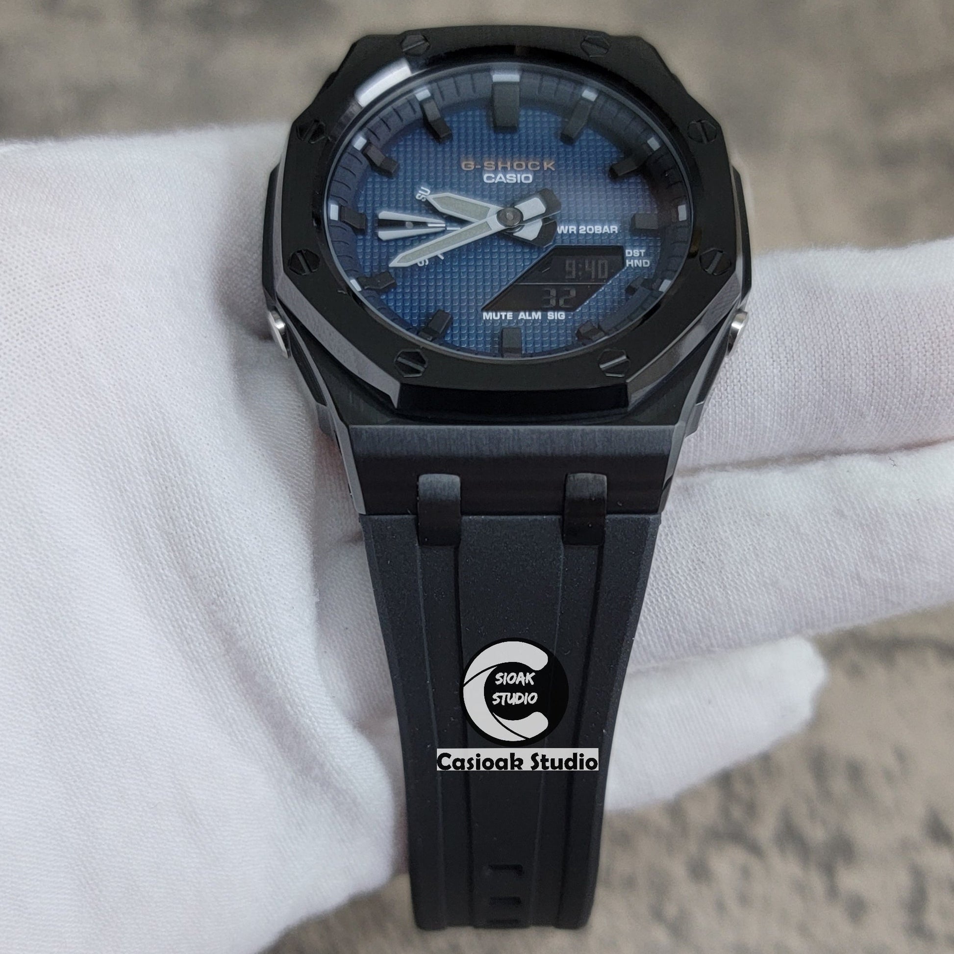 Casioak Mod Watch Offshore Superior Black Case Black Rubber Rubber Strap Blue Black Time Mark Blue Waffle Dial 44mm- Casioak Mod Casio G-Shock Royal Oak Custom Mens Luxury Watches Ga2100