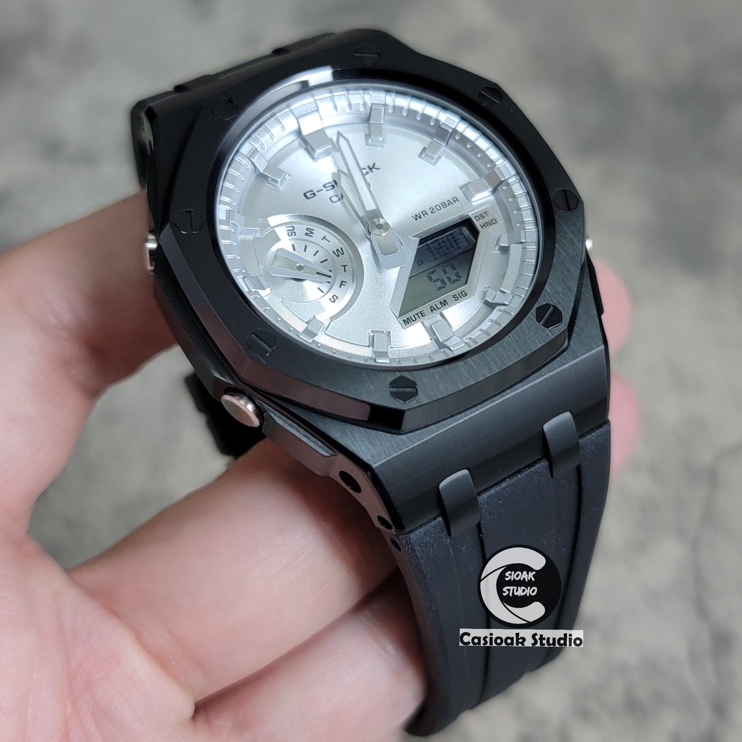 Casioak Mod Watch Offshore Superior Black Case Black Rubber Rubber Strap Silver Time Mark Silver Dial 44mm- Casioak Mod Casio G-Shock Royal Oak Custom Mens Luxury Watches Ga2100